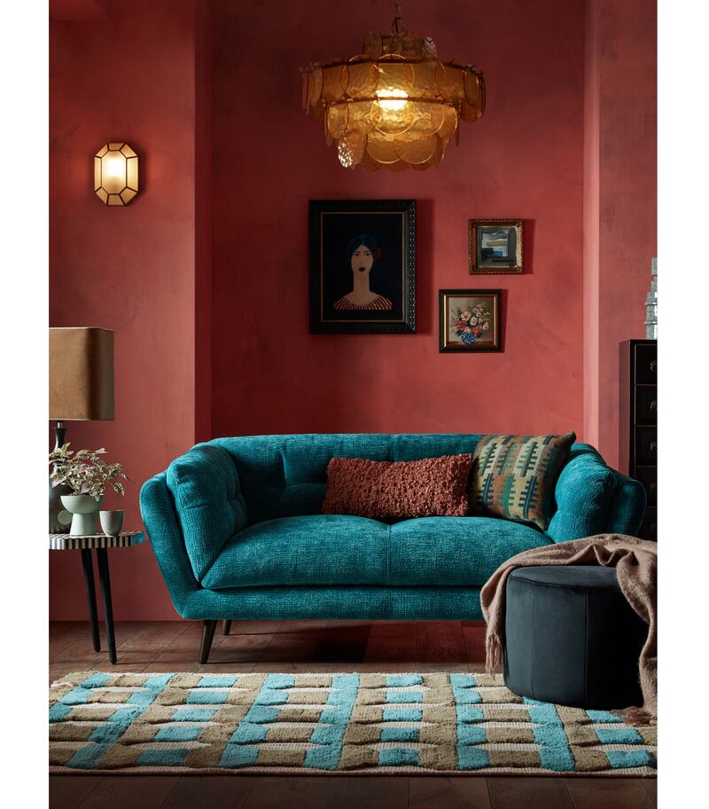 Hygge 2 Seater Sofa Dark Wood Feet in heavy Textured Chenille Teal, £899, Sofology