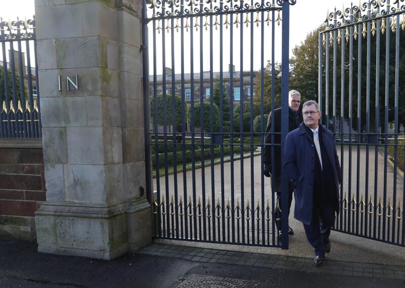 DUP leader Jeffrey Donaldson and deputy leader Gavin Robinson emerge from Hillsborough Castle following Monday's talks with Chris Heaton-Harris. PICTURE: COLM LENAGHAN