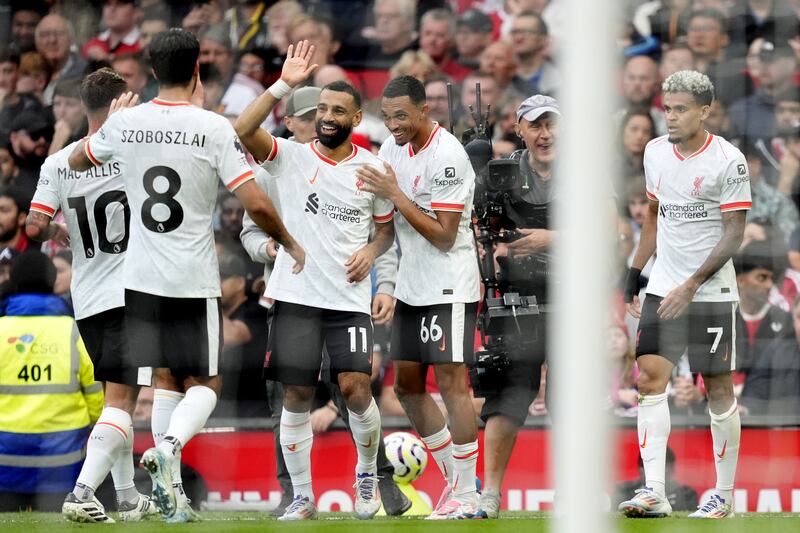 Mohamed Salah (centre) and Luiz Diaz (right) were on target in Liverpool’s win at Old Trafford