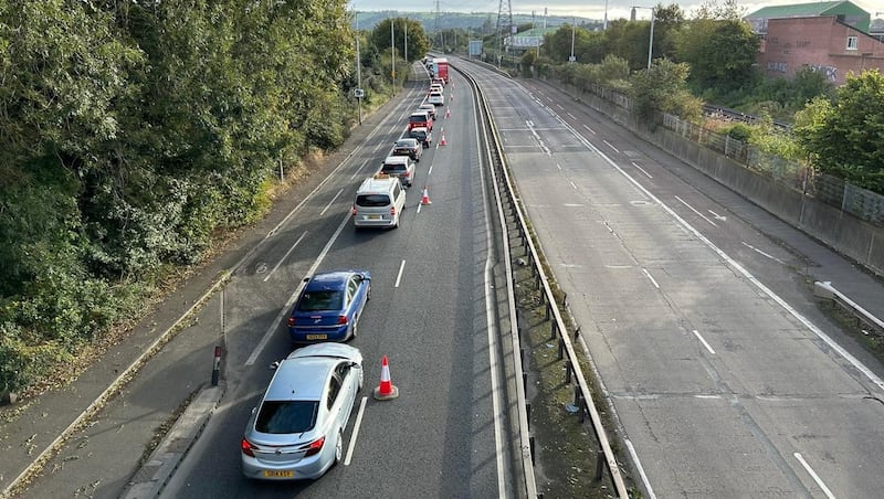 Traffic queued along the Sydenham Bypass in east Belfast during road works which commence on Saturday morning.