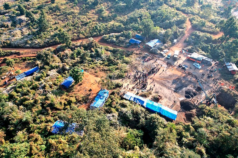 An aerial view of the site where at least nine workers are trapped inside a coal mine in Umrangso (Indian Army/AP)