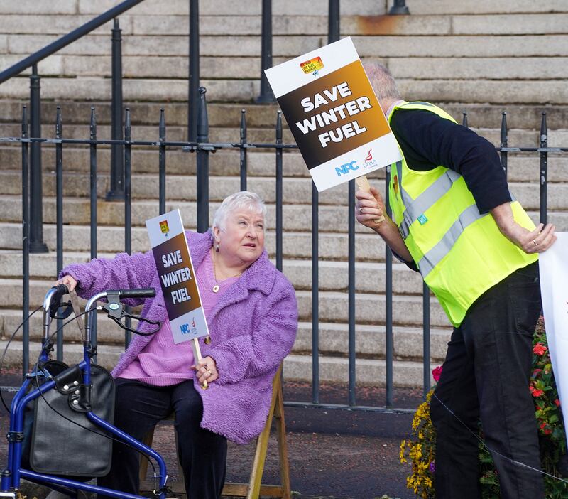 Margret Galloway at The National Pensioners Convention in Northern Ireland protest at Stormont over the government’s new policy on the Winter Fuel Allowance for pensioners. PICTURE: JORDAN TREANOR