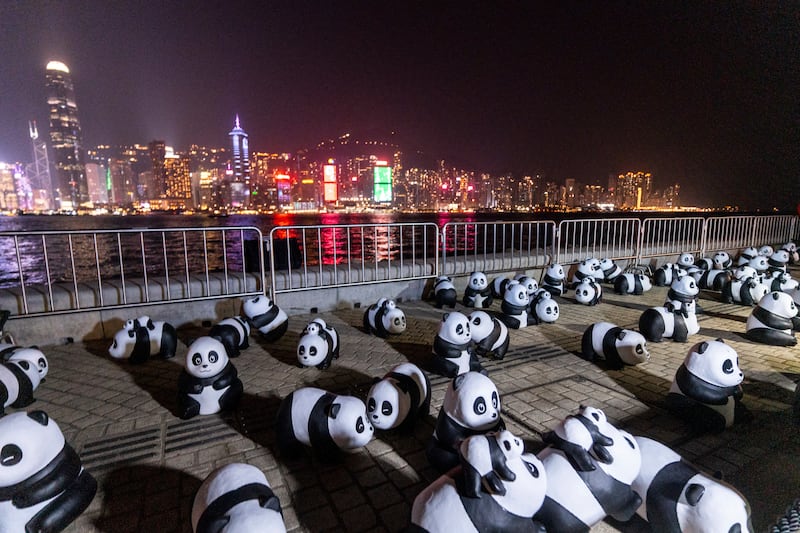 Panda sculptures are displayed at the waterfront of the Victoria Harbour during the panda-themed drone show in Hong Kong (Chan Long Hei/AP)