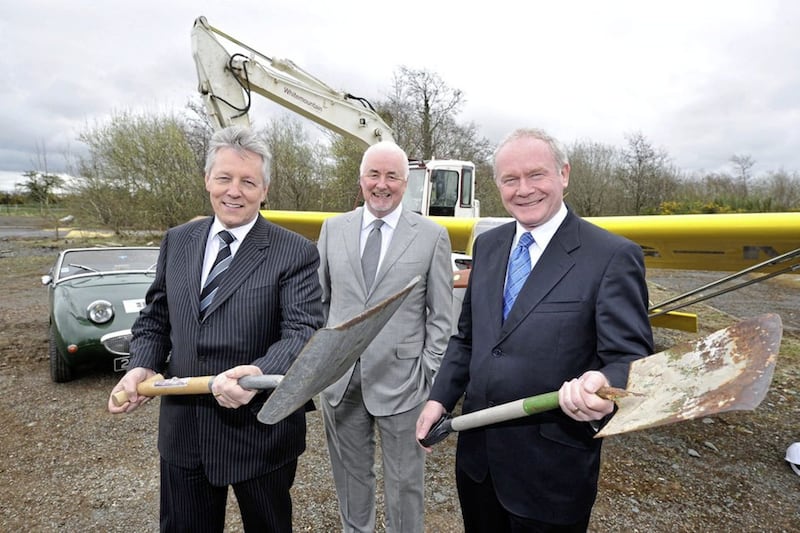 Peter Robinson and Martin McGuinness with Maze Long Kesh Development Corporation chairman Terence Brannigan at the launch of the ill-fated peace centre project in 2013 