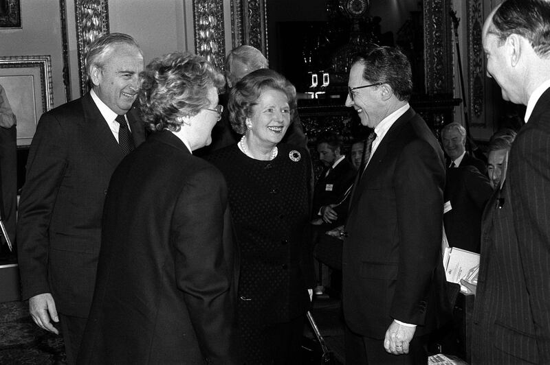 Margaret Thatcher meeting Jacques Delors at a European Single Market Conference in London