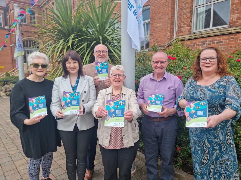 Féile's Joanna McMinn; Irish News events manager Geri Wright; St Mary's University College principal Professor Peter Finn; Feile Debates Committee members Claire Hackett and Jim Gibney; and Féile development manager Aine McCabe launching Féile's 2023 Debates and Discussions Programme.