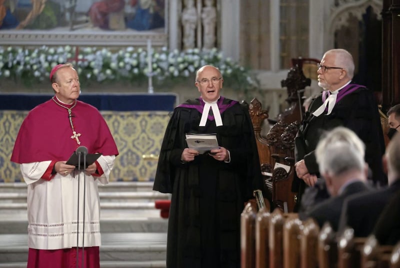 Pictured left to right, Archbishop of Armagh Eamon Martin, President of the Irish Council of Churches Dr Ivan Patterson and Presbyterian Moderator Dr David Bruce 