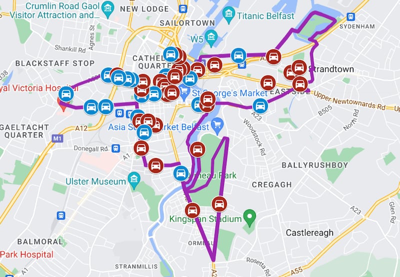 A map showing road closures during Sunday's Moy Park Belfast Half Marathon 2024.