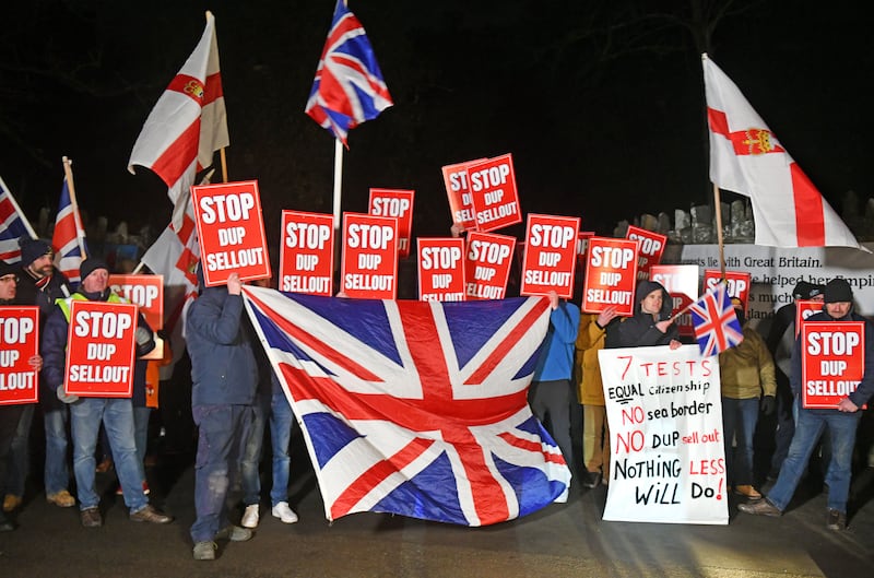 Alan Lewis - PhotopressBelfast.co.uk       29-1-2024
A large group of protesters are blocking the main entrance into the Larchfield Country House estate near Lisburn in County Antrim.
Inside , a supposedly secret meeting of the Democratic Unionist Party , were hearing details of the deal on offer to the DUP from the Westminster government that may lead to the restoration of the power sharing executive at Stormont if the party back the results of their leader Sir Jeffrey Donaldson’s negotiations at Westminster.  
Their is anger amongst the protesters that the deal will not end the Irish Sea Border and consolidate the weakening of the province’s constitutional ties to the UK.