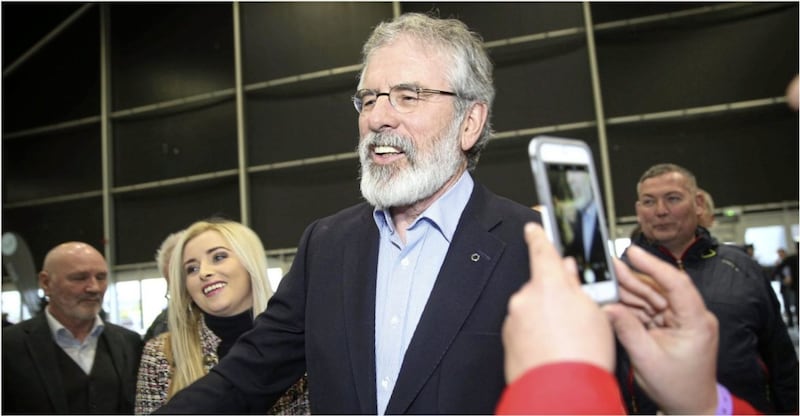 Gerry Adams arrives at the count in Belfast to celebrate a surge in support for Sinn F&eacute;in. Picture by Hugh Russell 