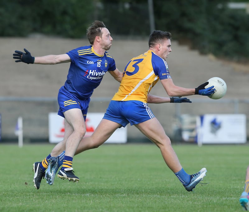 Charlie Diamond (13) playing in the Bellaghy attack against Neil Forester of Steelstown in a Derry Senior Football League match at Sean Brown Park.