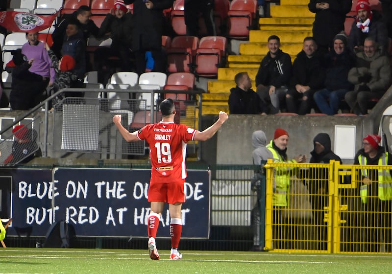 Cliftonville’s Joe Gormley celebrates after he scores his second goal of the night against Coleraine at Solitude.