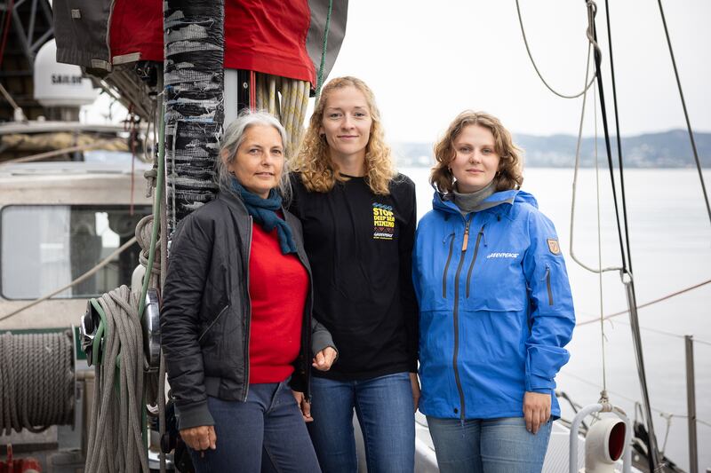 Dr Kirsten Young, from Greenpeace Research Laboratories at the University of Exeter, Franziska Saalmann, marine biologist and oceans campaigner Greenpeace Germany and Haldis Tjeldflaat Helle, political campaigner from Greenpeace Nordic, on board the SY Witness