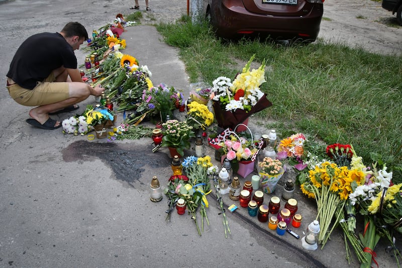 A makeshift memorial in tribute to Iryna Farion in Lviv (Mykola Tys/AP)