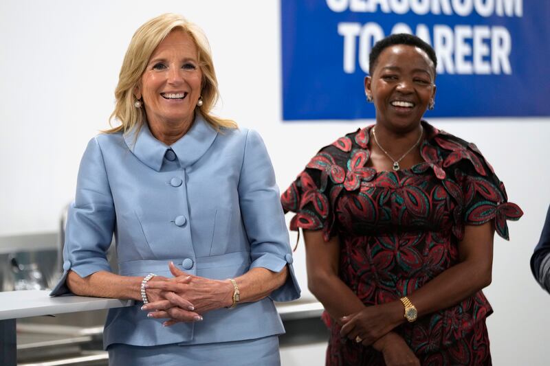 US first lady Jill Biden and Kenya’s first lady Rachel Ruto tour a classroom where students practice taking blood pressure during a visit to the Advanced Technical Centre in Washington (Jacquelyn Martin/AP)