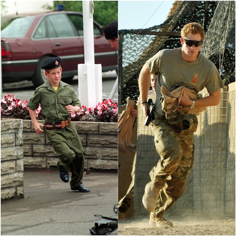 Eight-year-old Harry as a mini soldier in 1993 and in 2012 serving on the frontline in Afghanistan