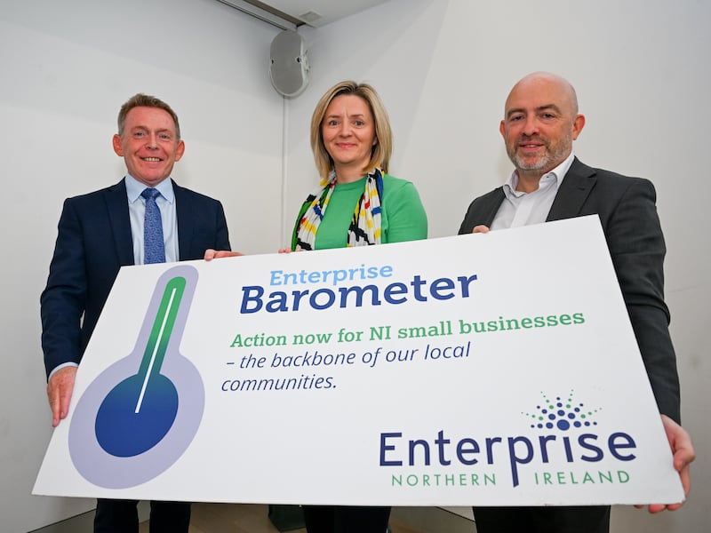 L-R: Michael McQuillan, chief executive, Enterprise NI; Susan Nightingale, British Business Bank; and Jonathan McAlpin, chair, Enterprise NI, launching the NI Enterprise Barometer 2024.