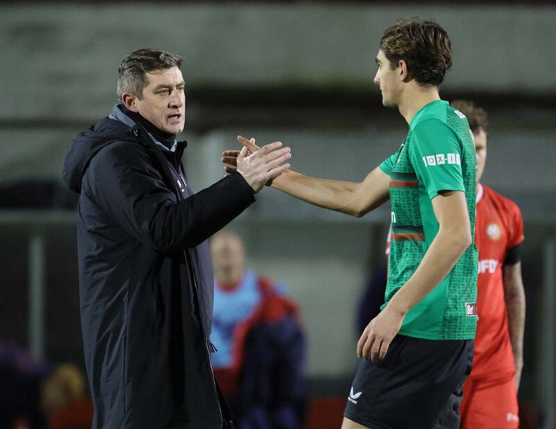 Portadown v Glentoran - Sports Direct Premiership
Glentoran manager Declan Devine congratulates defender Frankie Hvid after this evening's game at Shamrock Park, Portadown.  Photo by David Maginnis/Pacemaker Press