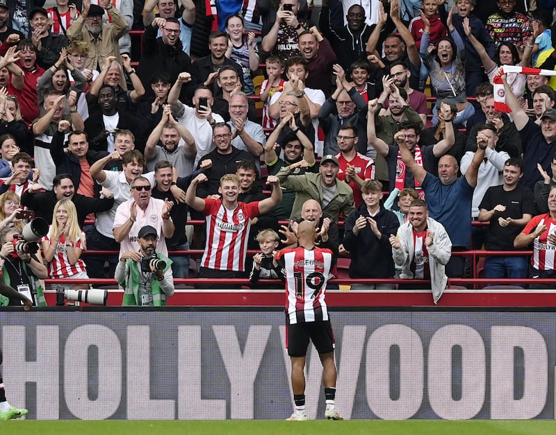 Brentford’s Bryan Mbeumo celebrates his second goal against Southampton