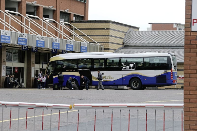 Passengers board a Translink Goldliner bus at Belfast&#39;s Europa bus station. Picture by Hugh Russell. 