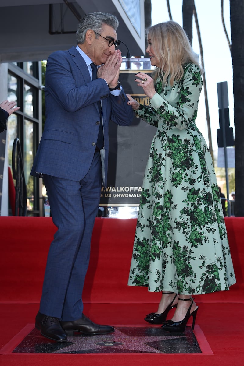 Eugene Levy, left, and Catherine O’Hara attend a ceremony honouring Levy with a star on the Hollywood Walk of Fame