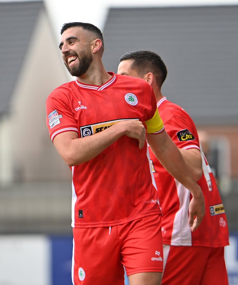 Joe Gormley after scoring for Cliftonville against Glenavon at Mourneview Park on Saturday