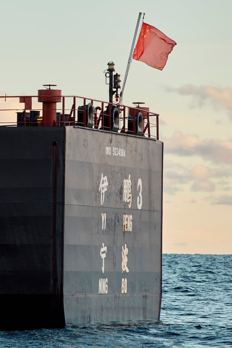 The bulk carrier Yi Peng 3 is anchored in the sea of Kattegat, near the city of Granaa in Jutland, Denmark (Ritzau Scanpix via AP)