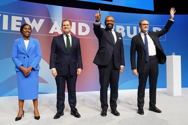 Kemi Badenoch, Robert Jenrick , James Cleverly and Tom Tugendhat together on stage after delivering their speeches during the Conservative Party conference