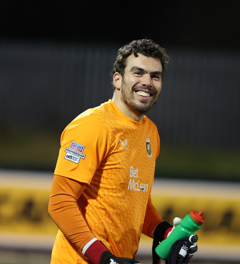 Glentoran's goalscoring goalkeeper Daniel Gyollai at Solitude on Saturday