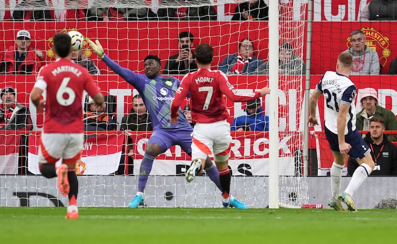 Dejan Kulusevski scores Tottenham’s second goal at Old Trafford