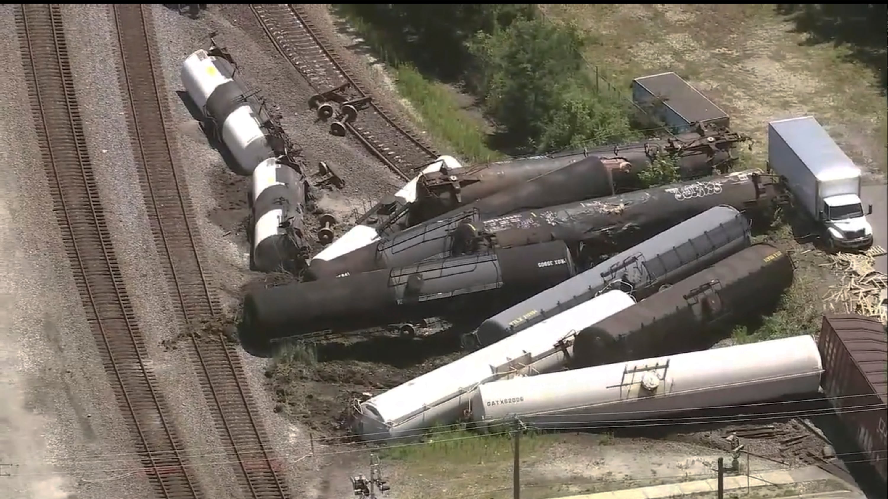 Train compartments piled up after a derailment in Chicago on Thursday (WLS via AP)