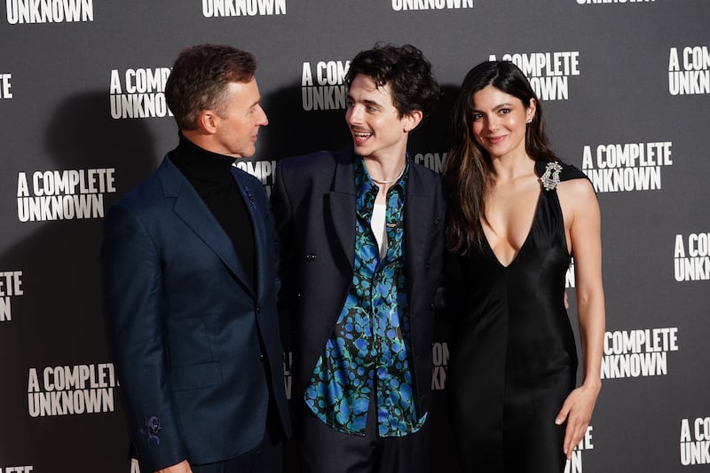 Left to right, Edward Norton, Timothee Chalamet and Monica Barbaro attending the UK premiere of Complete Unknown