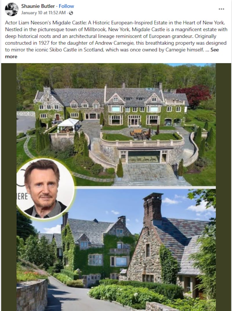 Various online reports have claimed Liam Neeson has purchased Migdale Castle in upstate New York, with scammers targeting fans in comment sections.