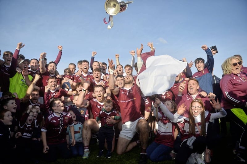 Cushendall celebrate their win over Loughgiel in Corrigan Park Picture Mark Marlow. 