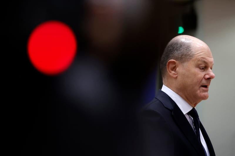 Germany’s Chancellor Olaf Scholz arrives for a round table meeting at an EU summit in Brussels on Friday (Omar Havana/AP)