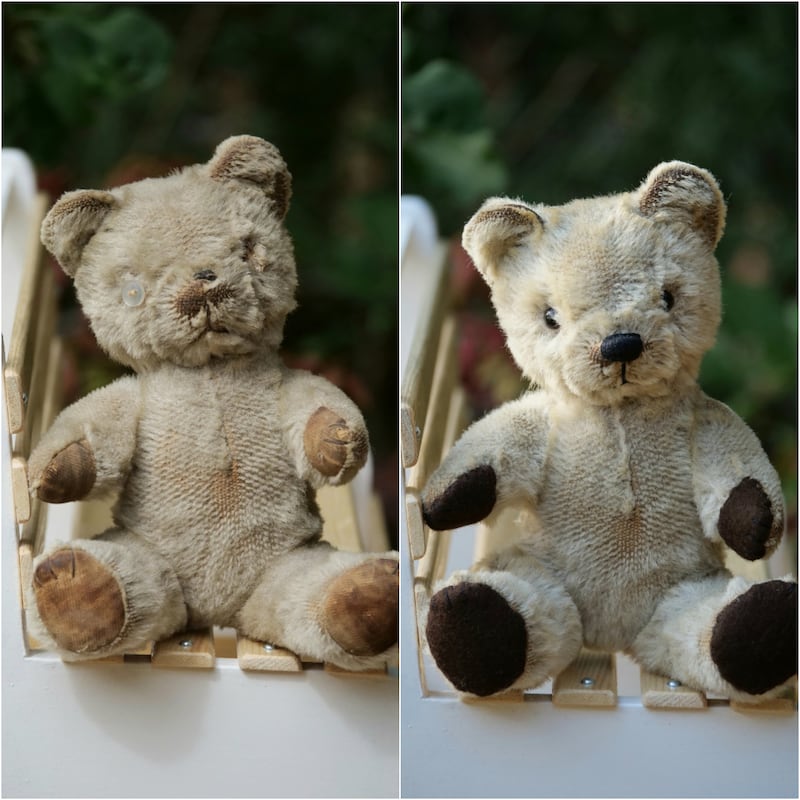 (from left to right) a teddy before and after Mrs Wilkinson repaired it