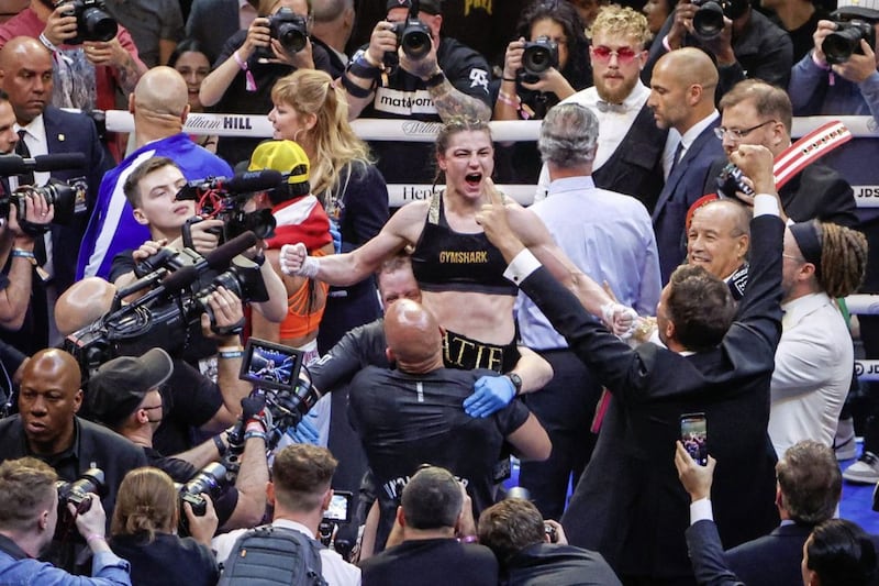 Katie Taylor celebrates after she is announced as the winner of her battle with Amanda Serrano at Madison Square Garden. Mandatory Credit: Melina Pizano/Matchroom. 