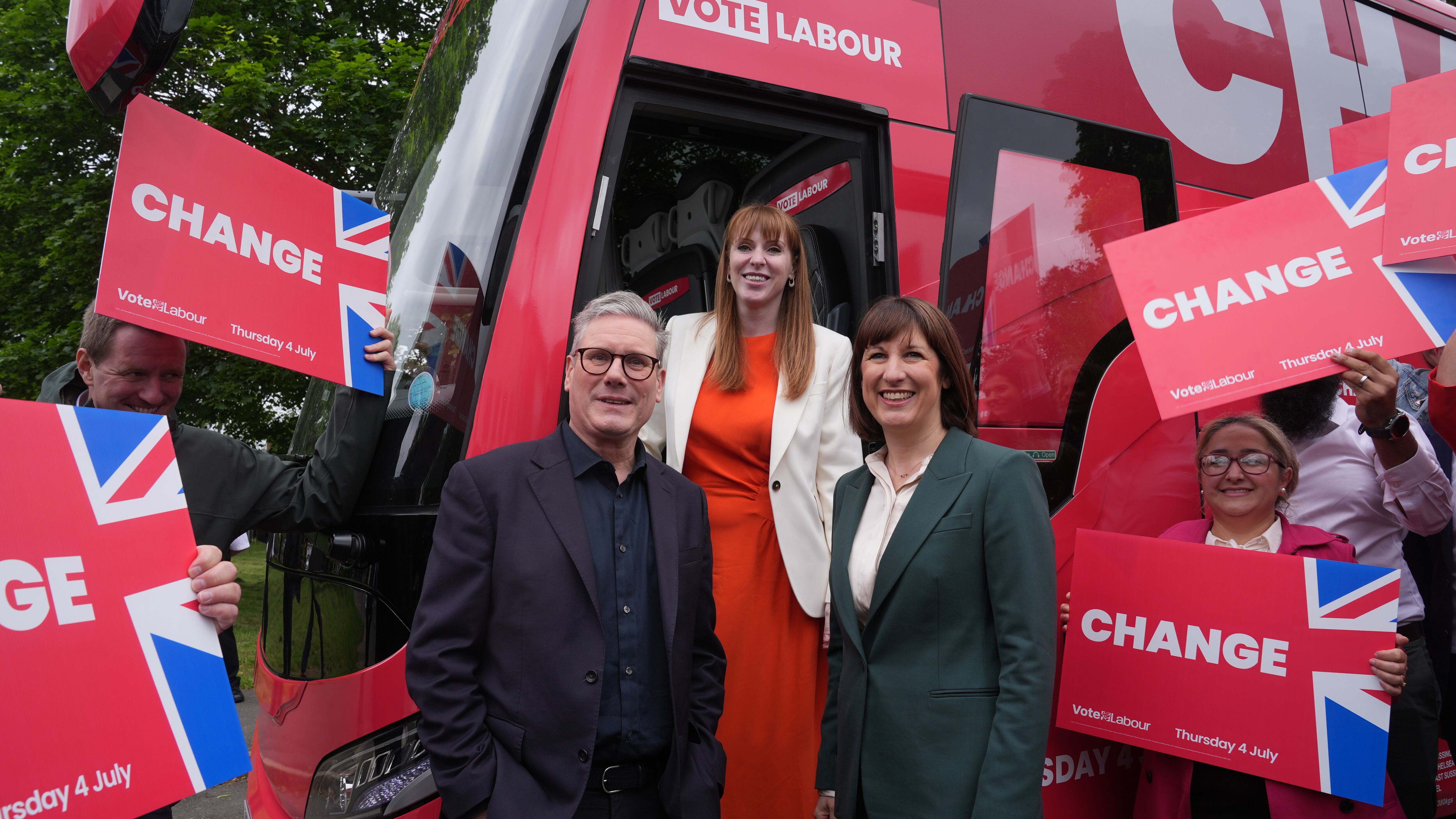 Labour leader Sir Keir Starmer, deputy leader Angela Rayner and shadow chancellor Rachel Reeves on the Labour battle bus in Uxbridge, London