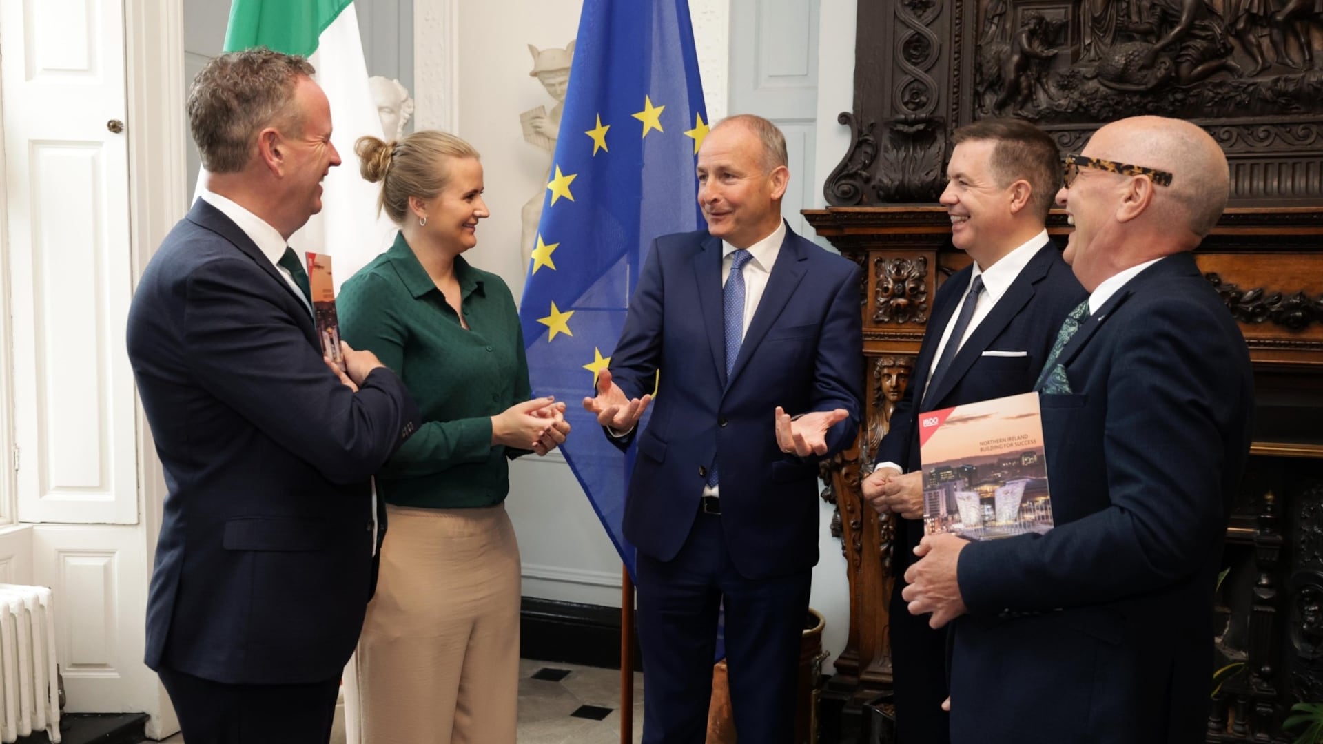 Tánaiste Micheál Martin (centre) pictured at the Northern Ireland business and economic reception, at Iveagh House on Tuesday evening with (L-R) Stephen Kelly, Manufacturing N;  Junior Minister Aisling Reilly; Glyn Roberts, Retail NI and Colin Neill, Hospitality Ulster.