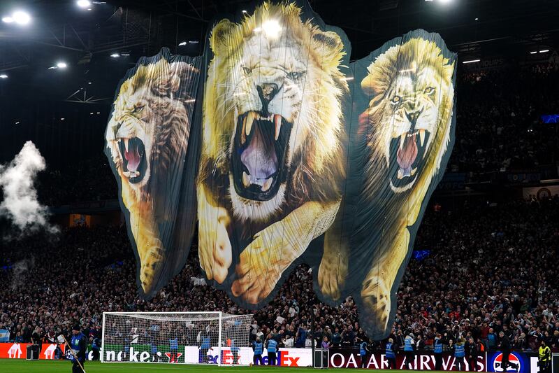 A giant lion banner in the stands at Villa Park