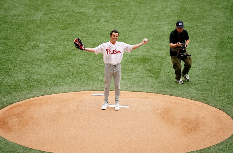 Rob McElhenney taking part in the ceremonial first pitch before game two of the MLB London Series at the London Stadium