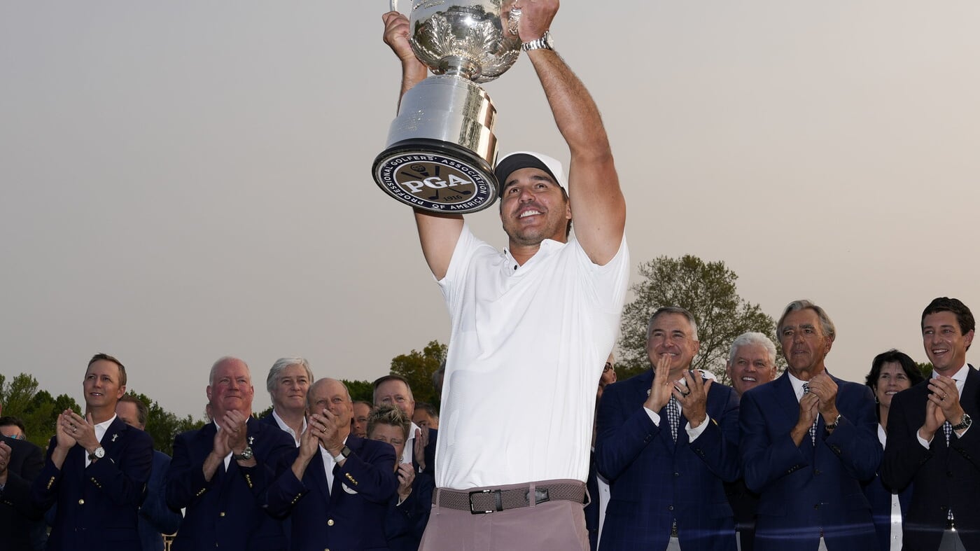 Brooks Koepka holds the Wanamaker trophy after winning the PGA Championship golf tournament at Oak Hill Country Club on Sunday, May 21, 2023, in Pittsford (AP Photo/Seth Wenig)