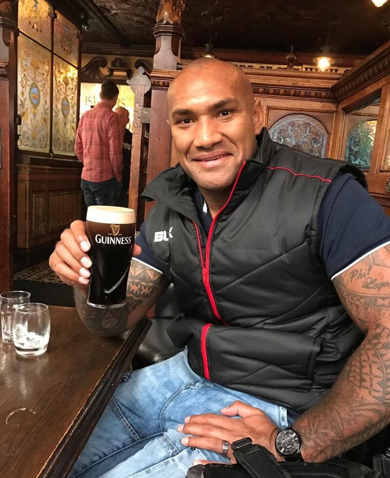 Nemani Nadolo enjoying a pint of "the black stuff" in the Crown Bar Belfast