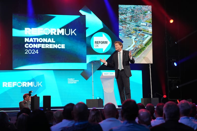 Richard Tice, deputy leader of Reform UK, speaks at the party’s annual conference at the National Exhibition Centre in Birmingham