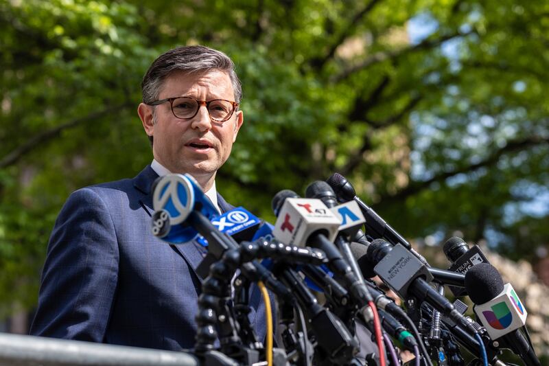 US speaker of the House Mike Johnson speaks at a press conference across the street from Manhattan Criminal Court in New York (Stefan Jeremiah/AP)