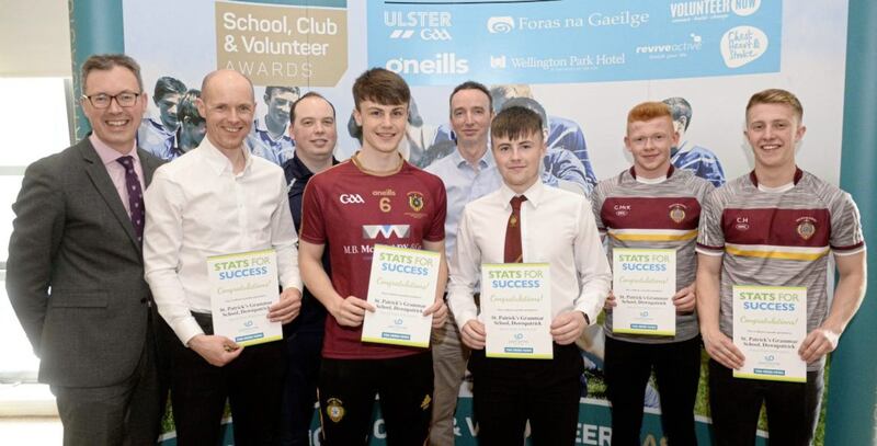 The McLarnon Cup team St Patrick&rsquo;s Grammar School, Downpatrick win a Special Team Achievement Award for their sporting accomplishments during the academic year while taking part in the Irish News and Performa Sports Stats for Success initiative. Pictured from left to right is John Brolly of the Irish News, Declan Morgan, St Patrick&rsquo;s, Downpatrick&rsquo;s McLarnon team&rsquo;s coach, Danny Turley of Performa Sports, Ronan Murphy, McLarnon team captain, Joe Turley of Performa Sports, Oran Bolton, St Patrick&rsquo;s Grammar School student, Gareth McKibbin UUJ placement student and Conan Hynds UUJ placement student