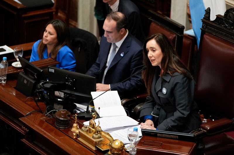 Argentine vice president and Senate president Victoria Villarruel speaks before casting the tie-breaking vote in favour of a bill promoted by President Javier Milei in Buenos Aires, (Natacha Pisarenko/AP)