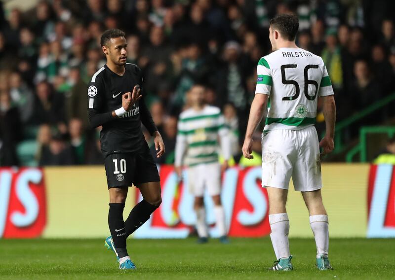 Neymar taunts Anthony Ralston during Celtic’s home defeat against Paris St Germain in 2017