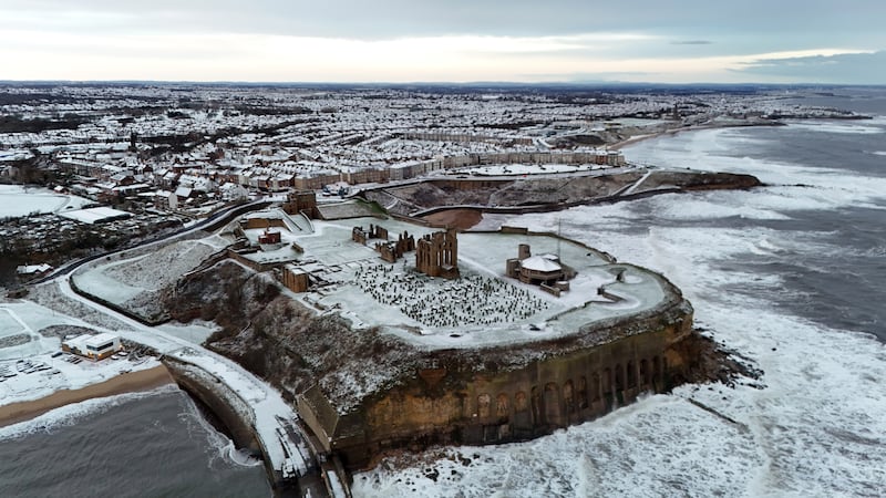 Overnight snow covers Tynemouth Priory in North Tyneside