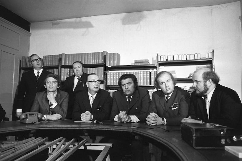 Leading SDLP figures pictured at a press conference in 1972. Seated are (l-r) Austin Currie, Gerry Fitt, John Hume, Ivan Cooper and Paddy O'Hanlon, with Eddie McGrady (left) and Paddy Devlin standing behind